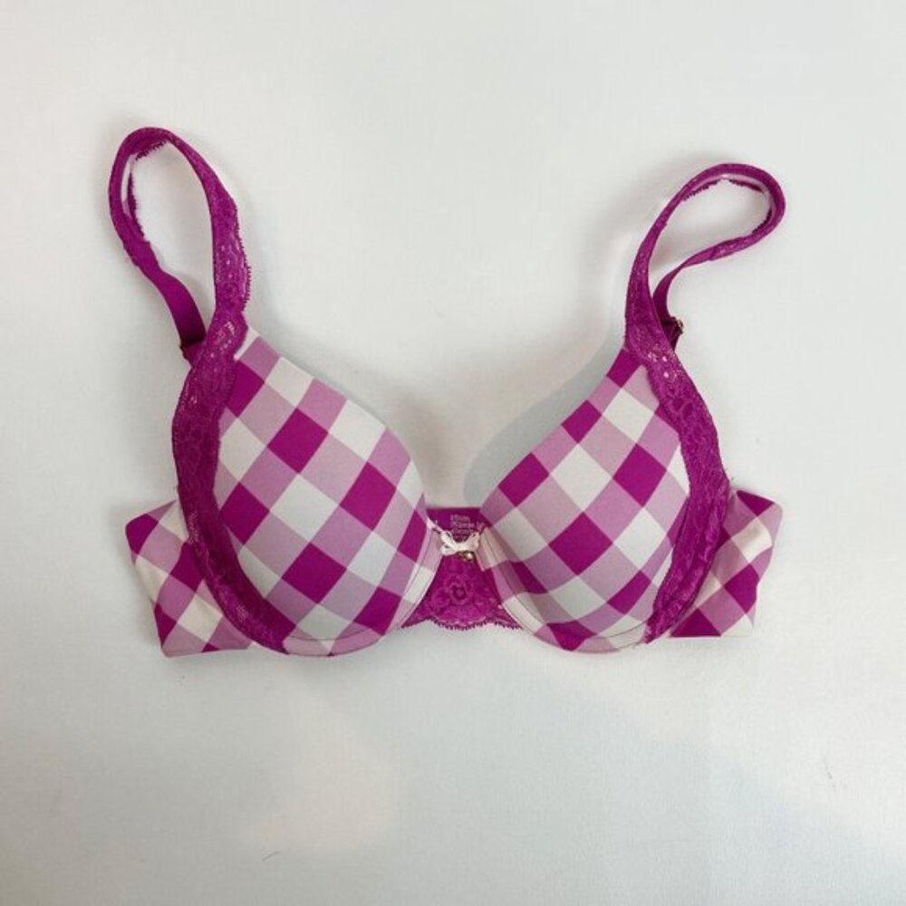 NWOT Soma Embraceable Demi Lace Trim Bra Pink White Checked 32B